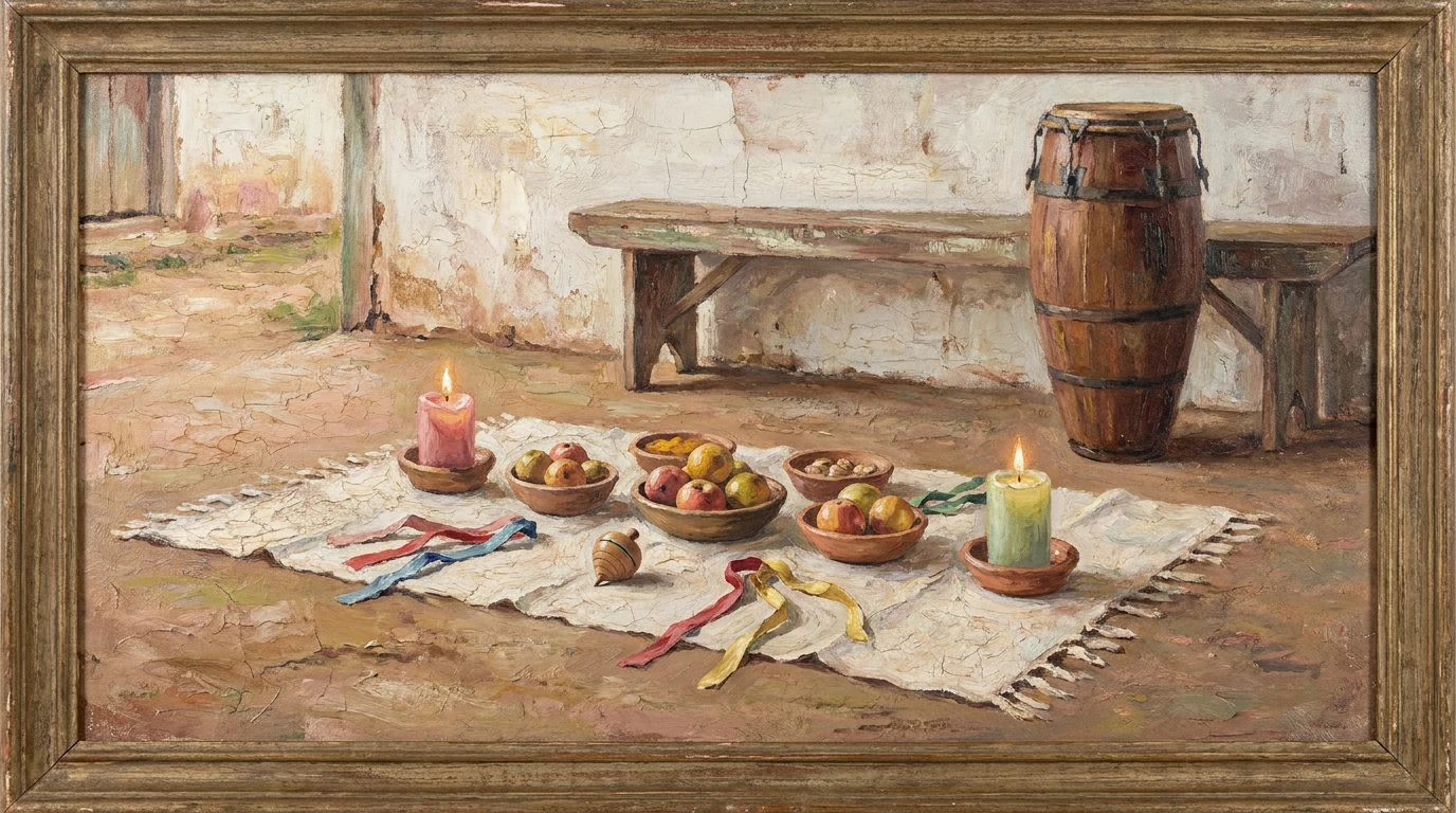 Brinquedos simples de madeira, fitas coloridas e doces sobre um pano branco, arrumados para a mesa das Crianças no terreiro.