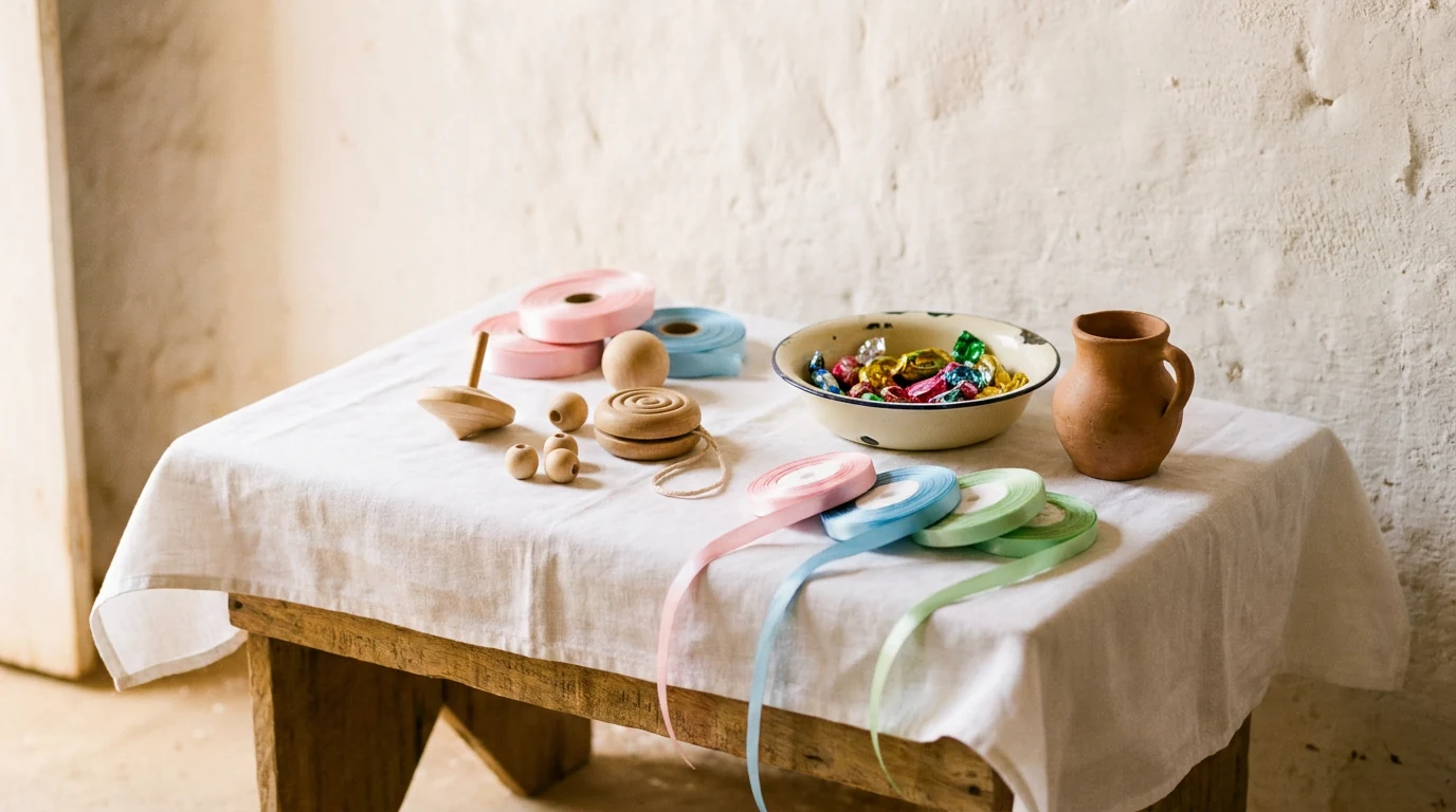 Brinquedos simples de madeira, fitas coloridas e doces sobre um pano branco, arrumados para a mesa das Crianças no terreiro.