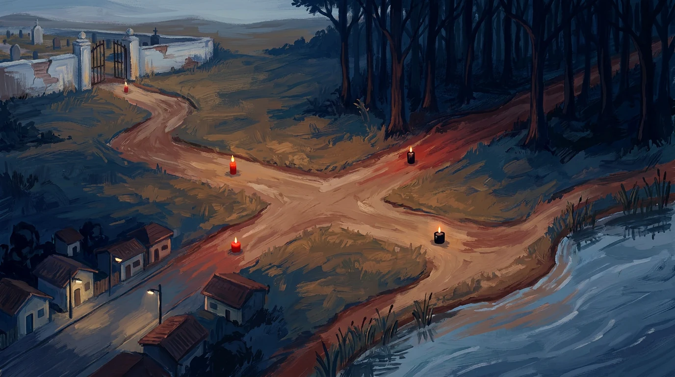 Pintura de caminhos de terra que partem de uma encruzilhada para um cemitério, uma mata, uma rua de cidade e um rio, cada um com uma vela acesa.