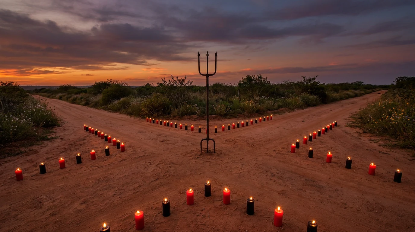 Encruzilhada de terra ao entardecer com várias velas vermelhas e pretas acesas em fileira à beira dos caminhos e um tridente de ferro fincado no chão ao centro.