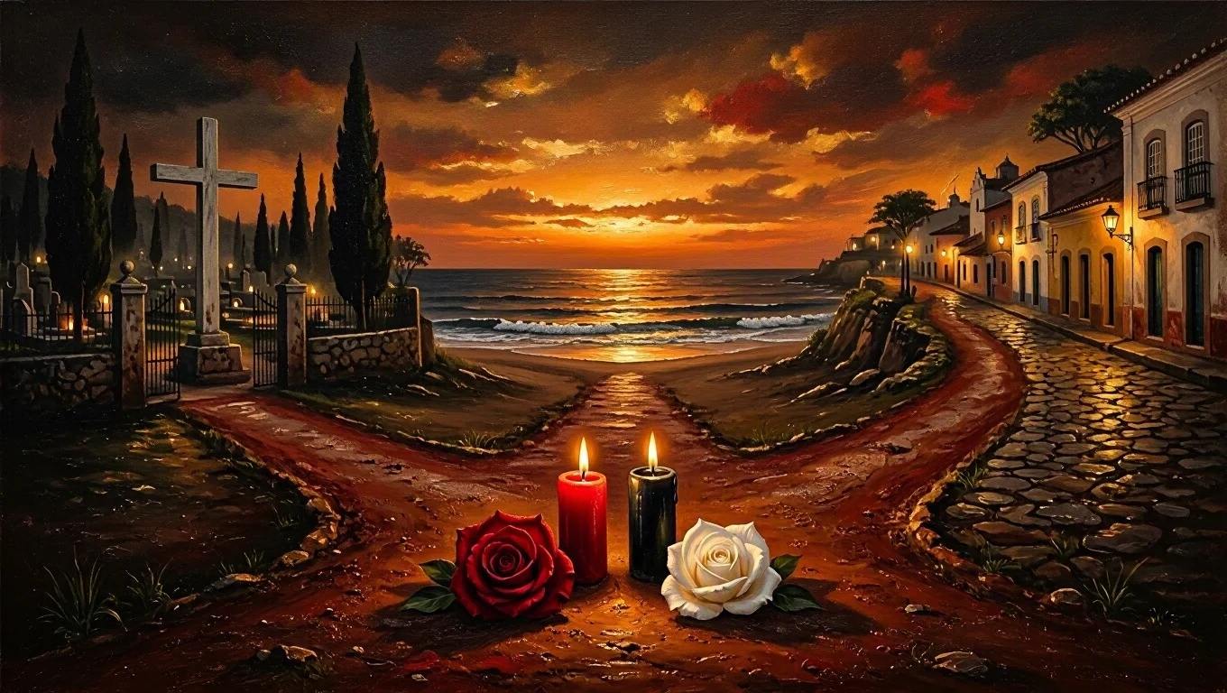 Painting of a red earth crossroads at dusk whose paths lead to a cemetery with a white cross, to the sea and to an old street, with a red rose, a white rose and red and black candles lit at the intersection