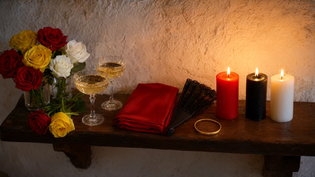 A wooden shelf leaning against a whitewashed wall with open red, yellow and white roses, two champagne glasses, a red silk scarf, a black fan and three lit candles, one red, one black and one white.
