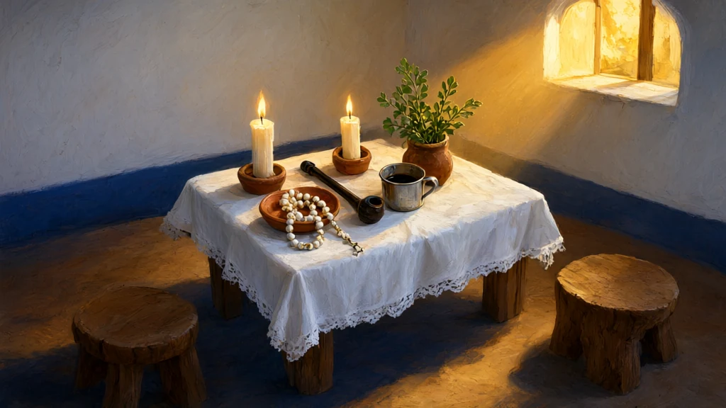Mesa baixa de toalha branca com terço, duas velas, cachimbo, café e arruda, e dois banquinhos de madeira.