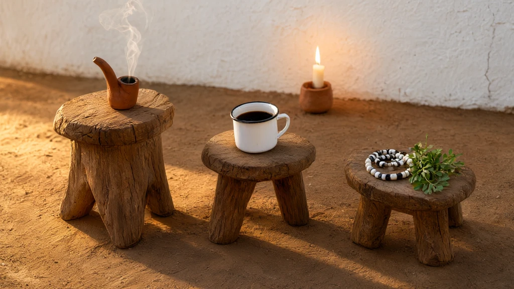 Três banquinhos de madeira de alturas diferentes sobre chão de terra: cachimbo de barro, caneca de café, contas pretas e brancas com arruda, e vela.