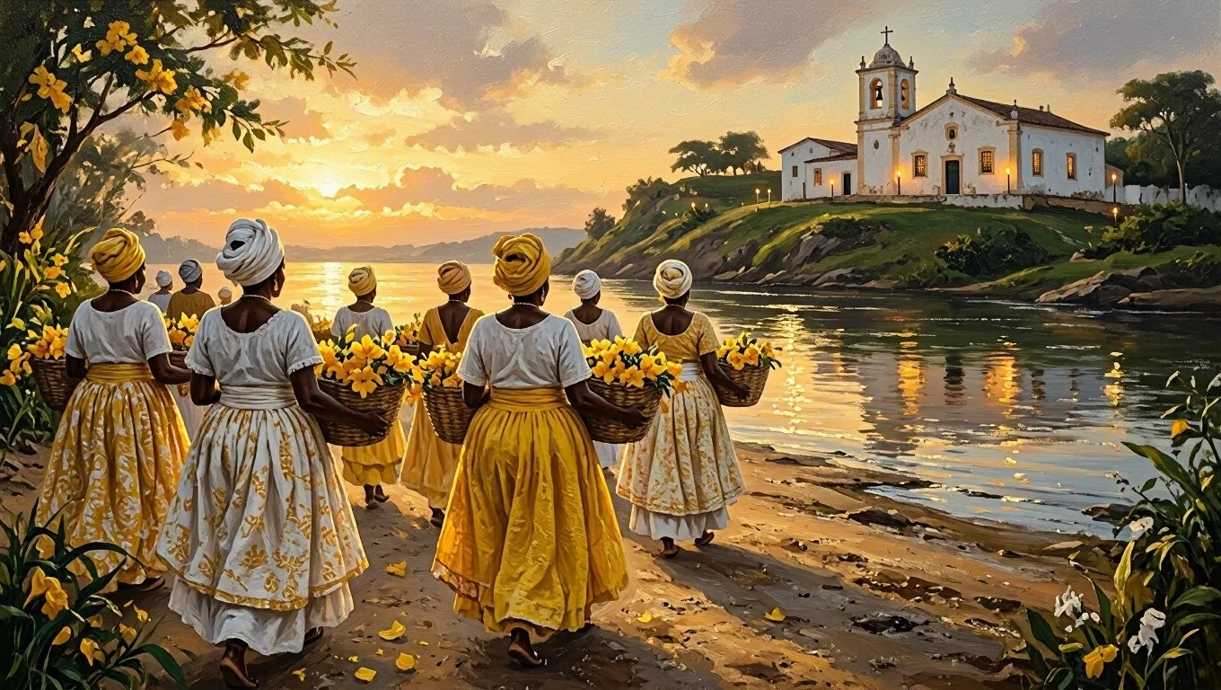 Pintura de mulheres de saia amarela e branca, vistas de costas, levando cestos de flores amarelas pela margem do rio ao amanhecer, com uma igreja caiada no alto do morro.