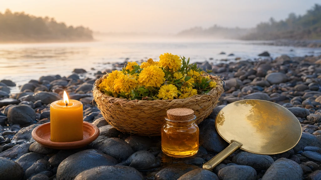 Margem de rio ao amanhecer com uma vela amarela acesa num pires de barro, um balaio de flores amarelas, um pote de mel e um leque de latão dourado sobre as pedras, com o rio na névoa ao fundo.