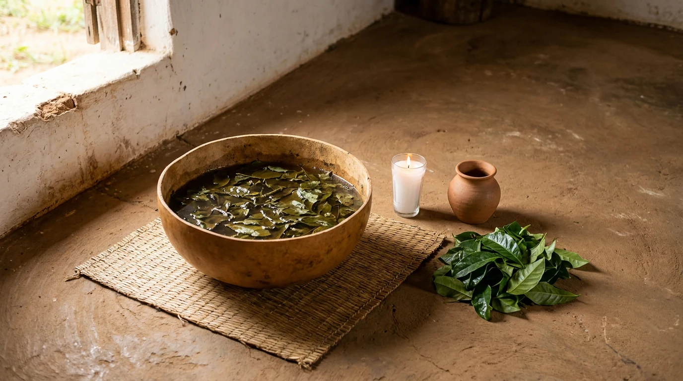 Cabaça de barro cheia de água escura com folhas verdes frescas maceradas, sobre esteira de palha, ao lado de vela branca acesa e quartinha de barro.