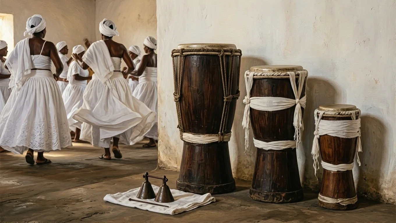 Sacred art painting of a barracão with three atabaques of white ojá leaning against the wall, a small iron agogô with the rod on a white cloth at their feet, and the xirê circle seen from behind in the background.