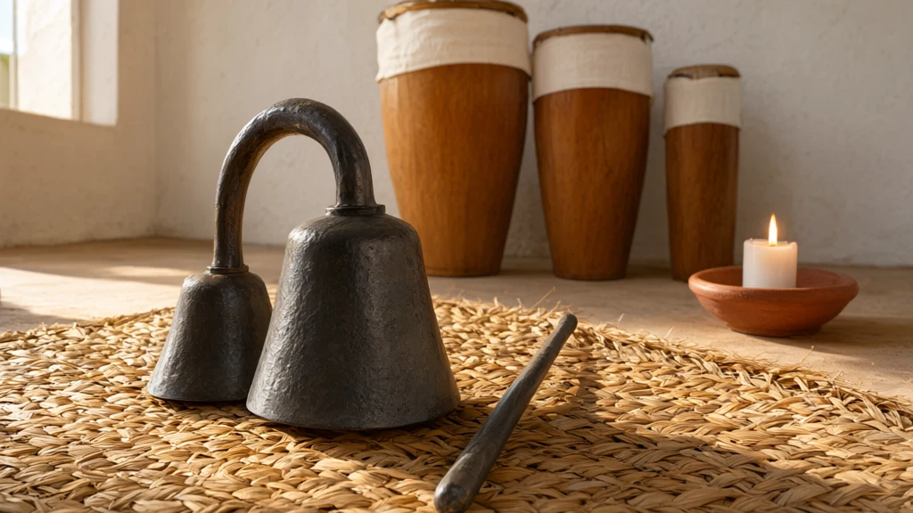 Iron agogô with two bells and a metal rod on a straw mat in the barracão, with atabaques leaning against the lime-washed wall in the background.