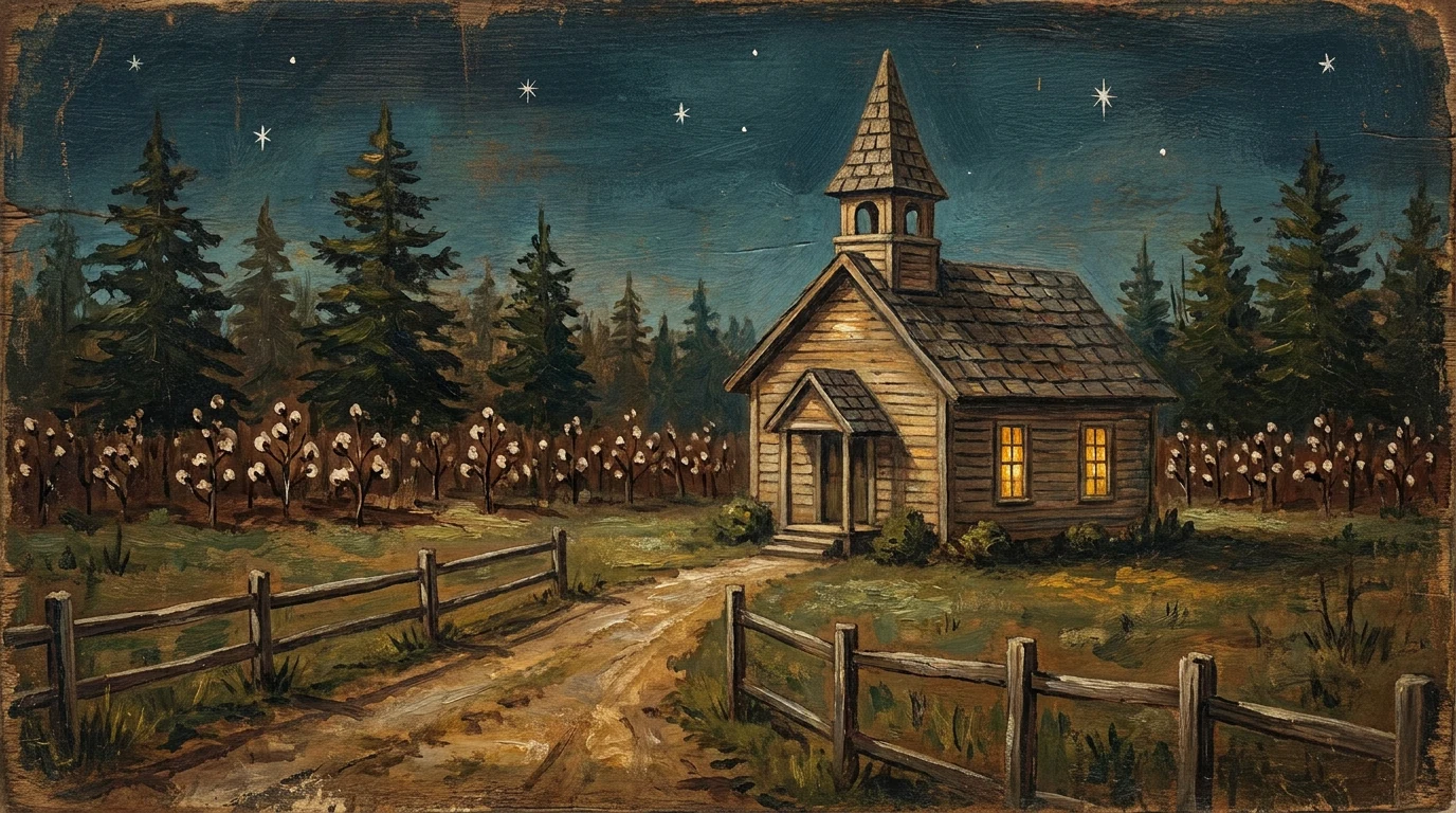 Pintura de arte sacra de uma igrejinha de madeira no fim de uma estrada de terra, com luz quente nas janelas, pinheiros e campo de algodão ao redor, sob céu noturno estrelado.