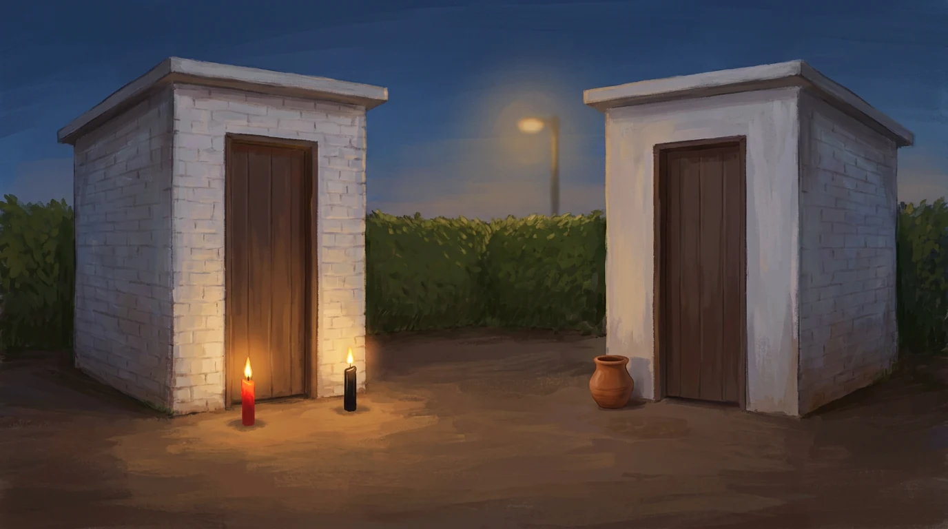 Pintura de pátio de terra ao anoitecer com duas casinhas caiadas de portas fechadas, velas vermelha e preta acesas diante de uma e um pote de barro diante da outra.