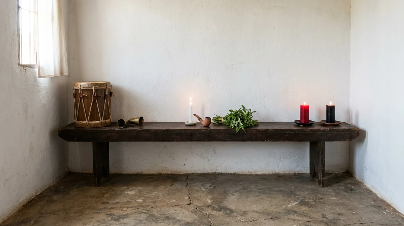 Banco de madeira encostado numa parede caiada com três grupos de objetos separados: tambor de couro e agogô, vela branca com cachimbo de barro e ervas, e velas vermelha e preta acesas.