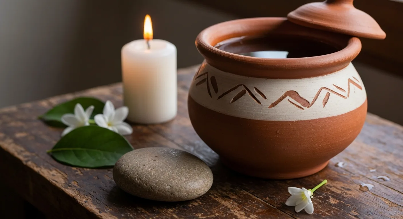 Quartinhas de barro alinhadas com água fresca sobre o assentamento, o recipiente sagrado da umbanda e do candomblé em luz natural.