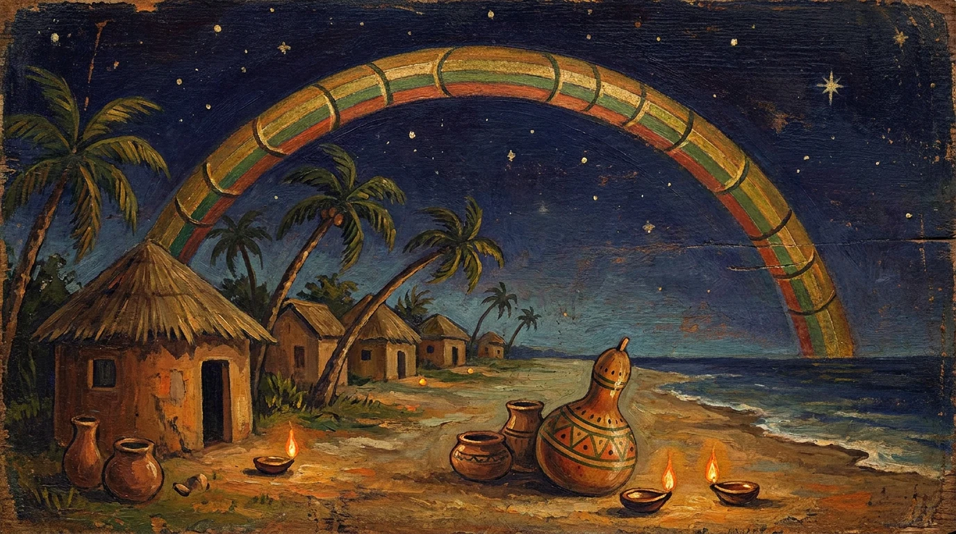 Pintura de arte sacra do arco da serpente Dan atravessando o céu noturno sobre uma aldeia da costa do antigo Daomé, com potes de barro, cabaça decorada e lamparinas acesas na areia.