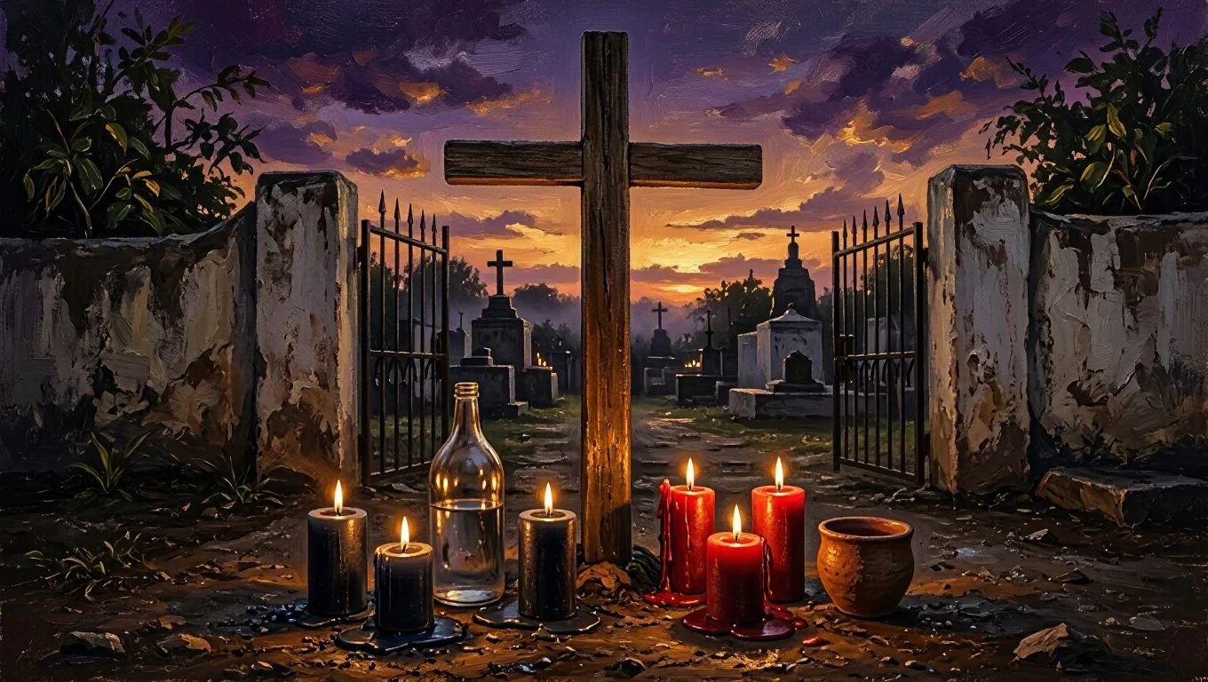 Pintura de uma cruz de madeira na entrada de um cemitério antigo ao anoitecer, com velas pretas e vermelhas acesas, uma garrafa sem rótulo e um pote de barro ao pé da cruz.