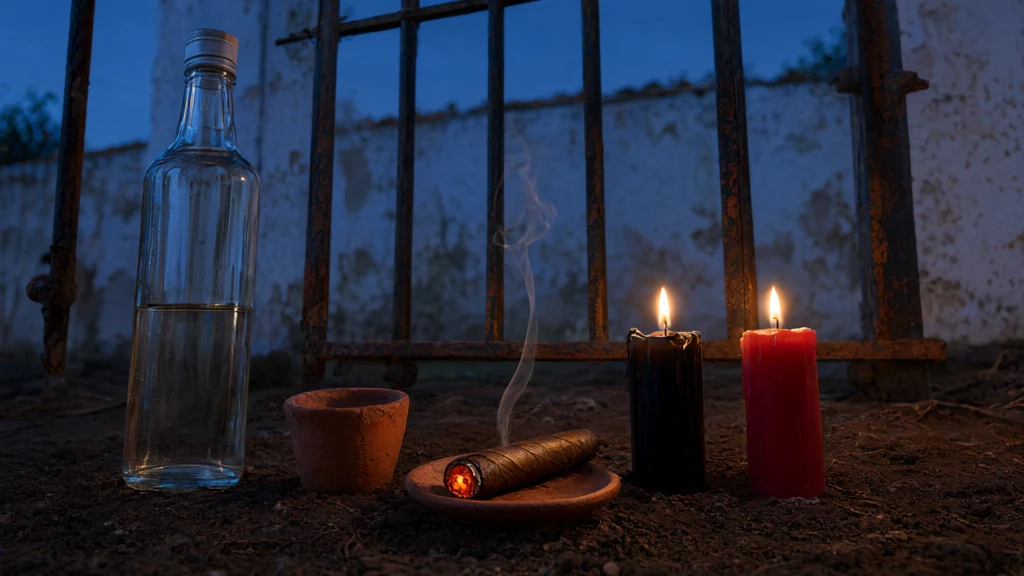 Garrafa de cachaça sem rótulo e um copo de barro ao lado de um charuto, uma vela preta e uma vela vermelha acesas sobre a terra, junto a um portão de ferro antigo ao entardecer.