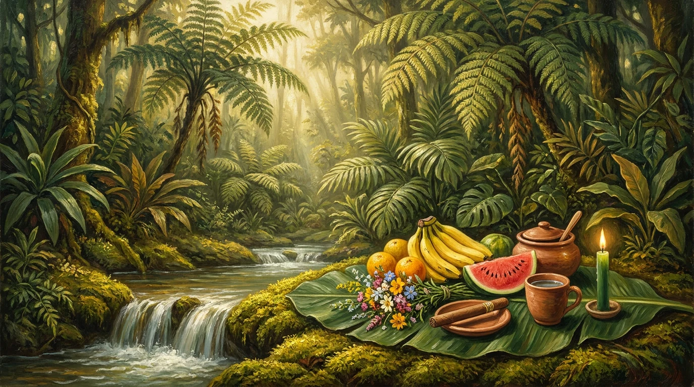 Painting of an offering in the woods on a banana leaf, next to a small waterfall, with fruits, wildflowers, a cigar on a clay plate, a jar of honey, a mug of water, and a lit green candle.