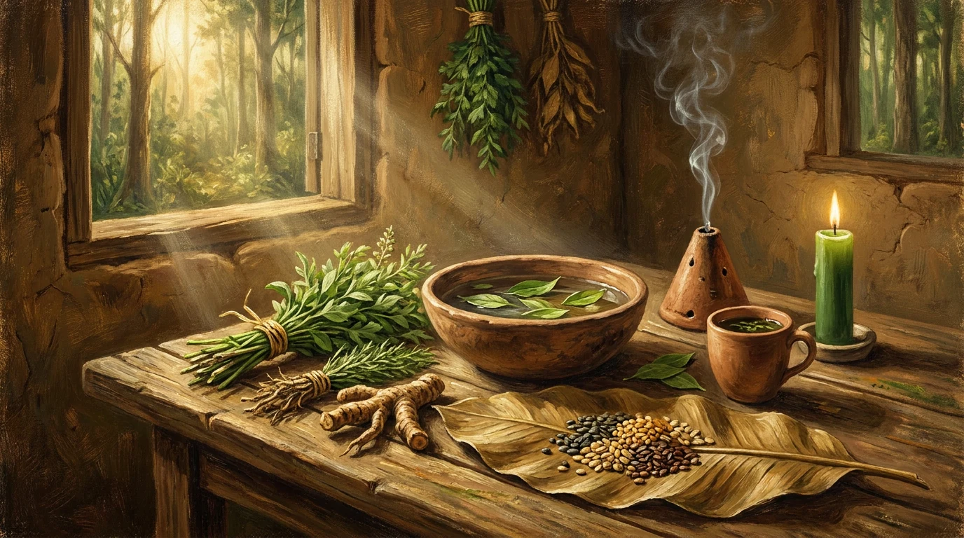 Painting of a rustic terreiro table with bundles of fresh herbs, roots, and seeds on a dry leaf, a clay basin with water and leaves for a ritual bath, a smoking smoke cleansing incense blend (defumador), a teacup, and a lit green candle.