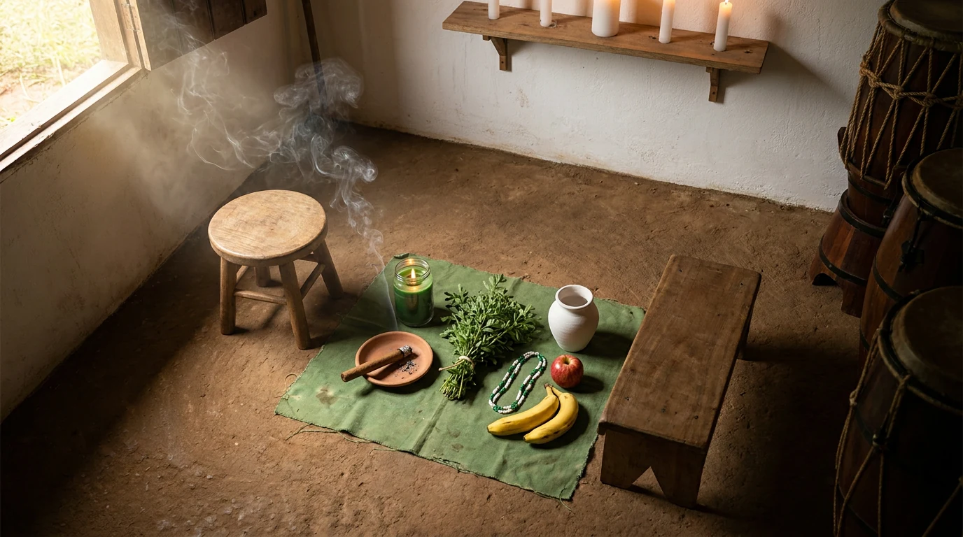 Banquinho de madeira e pano verde no chão de terra do terreiro, com vela acesa, charuto em prato de barro, molho de ervas frescas, quartinha branca, guias e frutas.