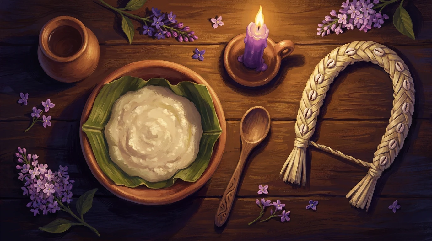 Montagem da oferenda vista de cima: alguidar de barro com mingau de mandioca sobre folha de bananeira, colher de pau, vela roxa, quartinha, flores lilases e o ibiri de fibra com búzios.
