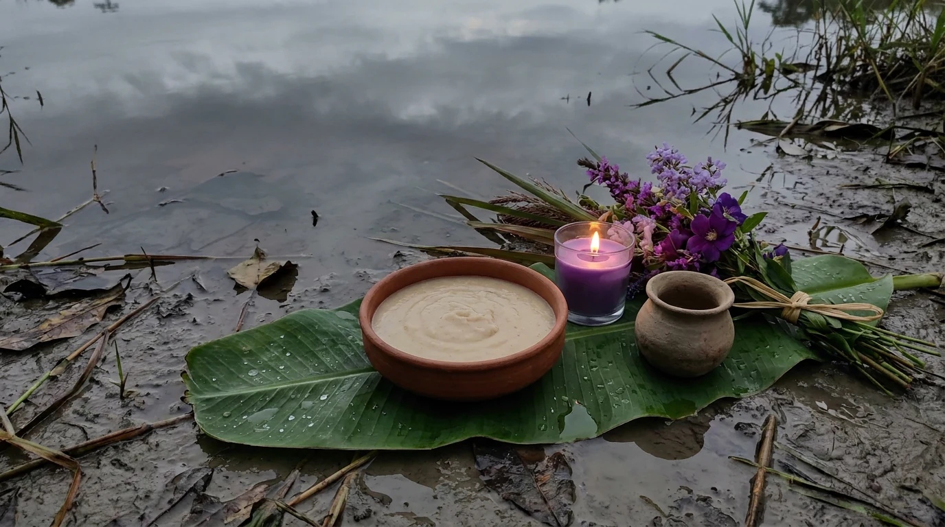 Alguidar de barro cru com mingau de farinha de mandioca sobre folha de bananeira, ao lado de vela roxa acesa, flores lilases e quartinha de barro à beira de água parada.