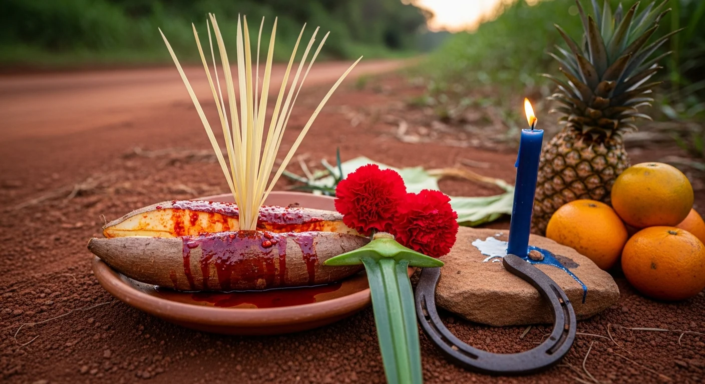 Oferenda para Ogum com espada e ferramentas de ferro, garrafa de cerveja e vela verde junto aos trilhos, ao entardecer.