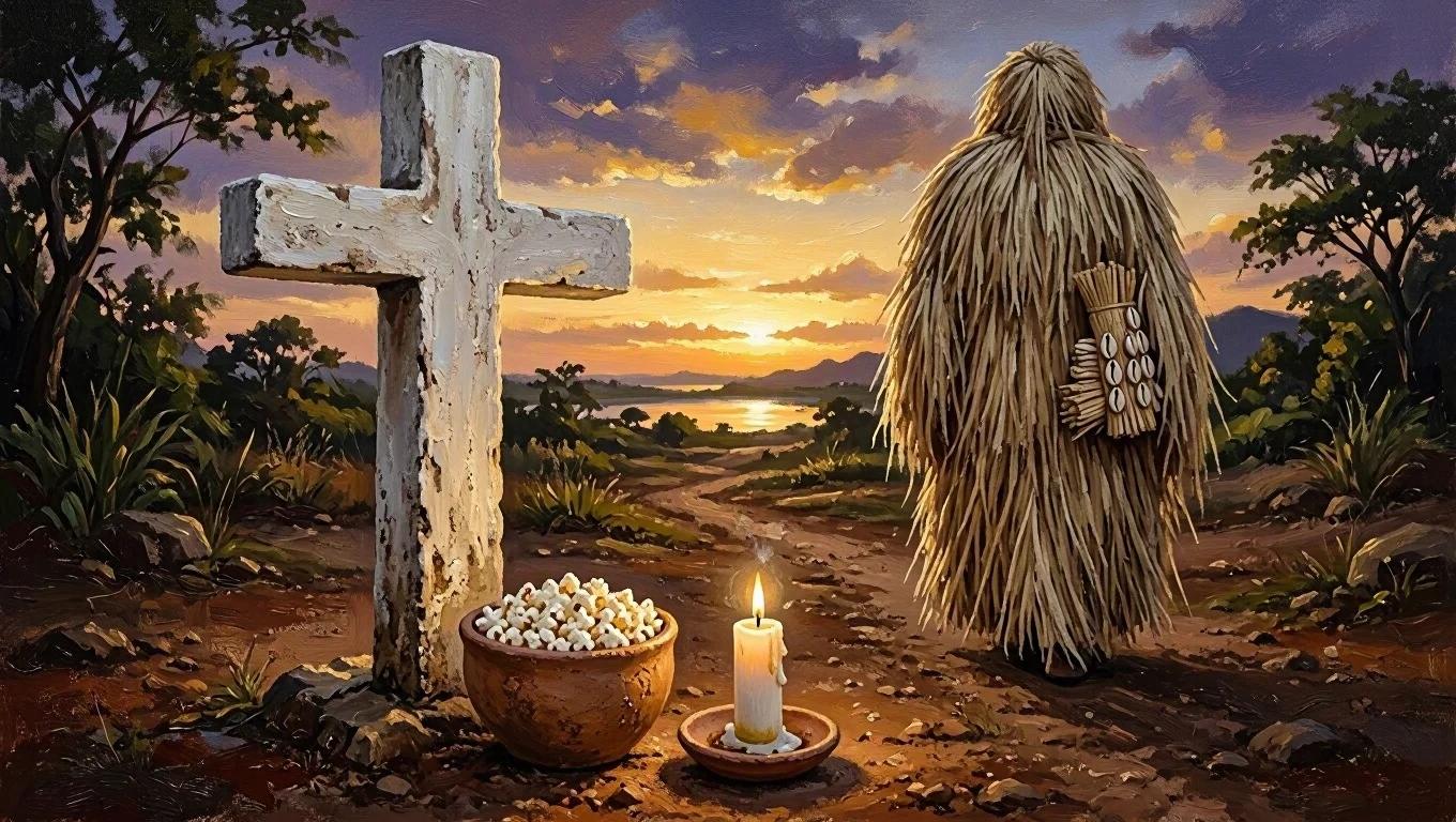 Pintura sacra de um cruzeiro das almas caiado ao entardecer, com um alguidar de pipoca e uma vela branca acesa ao pé da cruz, e uma figura coberta de palha da costa, de costas, caminhando para a luz.