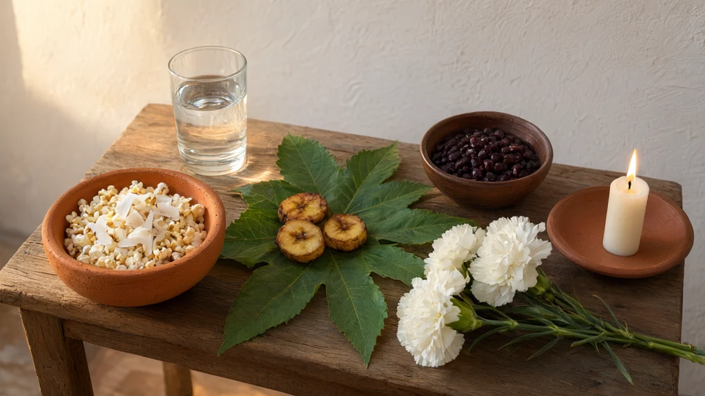 Mesa de madeira rústica com um alguidar de barro cheio de pipoca branca e lascas de coco, uma tigela de feijão preto, rodelas de banana-da-terra frita sobre uma folha de mamona, um copo de água, cravos brancos e uma vela branca acesa num pires de barro.
