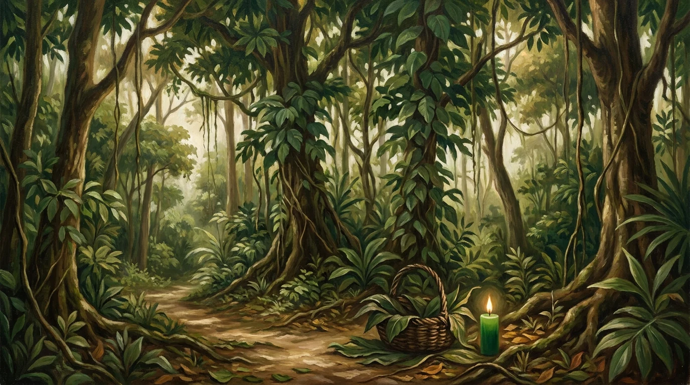 Pintura sacra de uma trilha na mata fechada com cesta de folhas e vela verde acesa ao pé de uma árvore