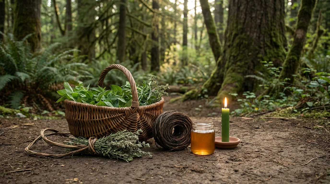 Cesta de folhas verdes frescas e um maço amarrado com cipó sobre o chão de terra de uma mata, ao lado de um rolo de fumo de corda, um pote de mel de abelha e uma vela verde acesa.