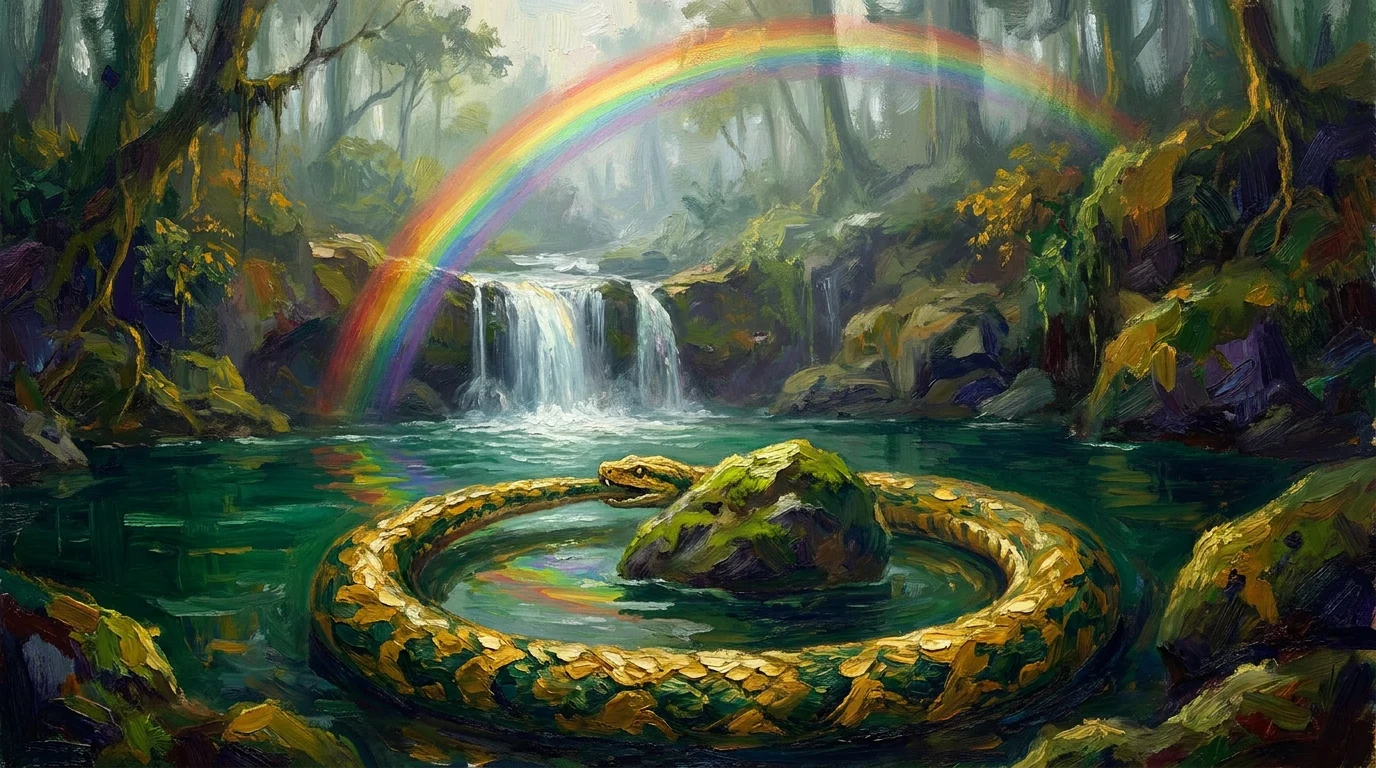 Pintura em arte sacra de uma cachoeira sob o arco-íris, com uma serpente dourada e verde em círculo ao redor de uma pedra na água