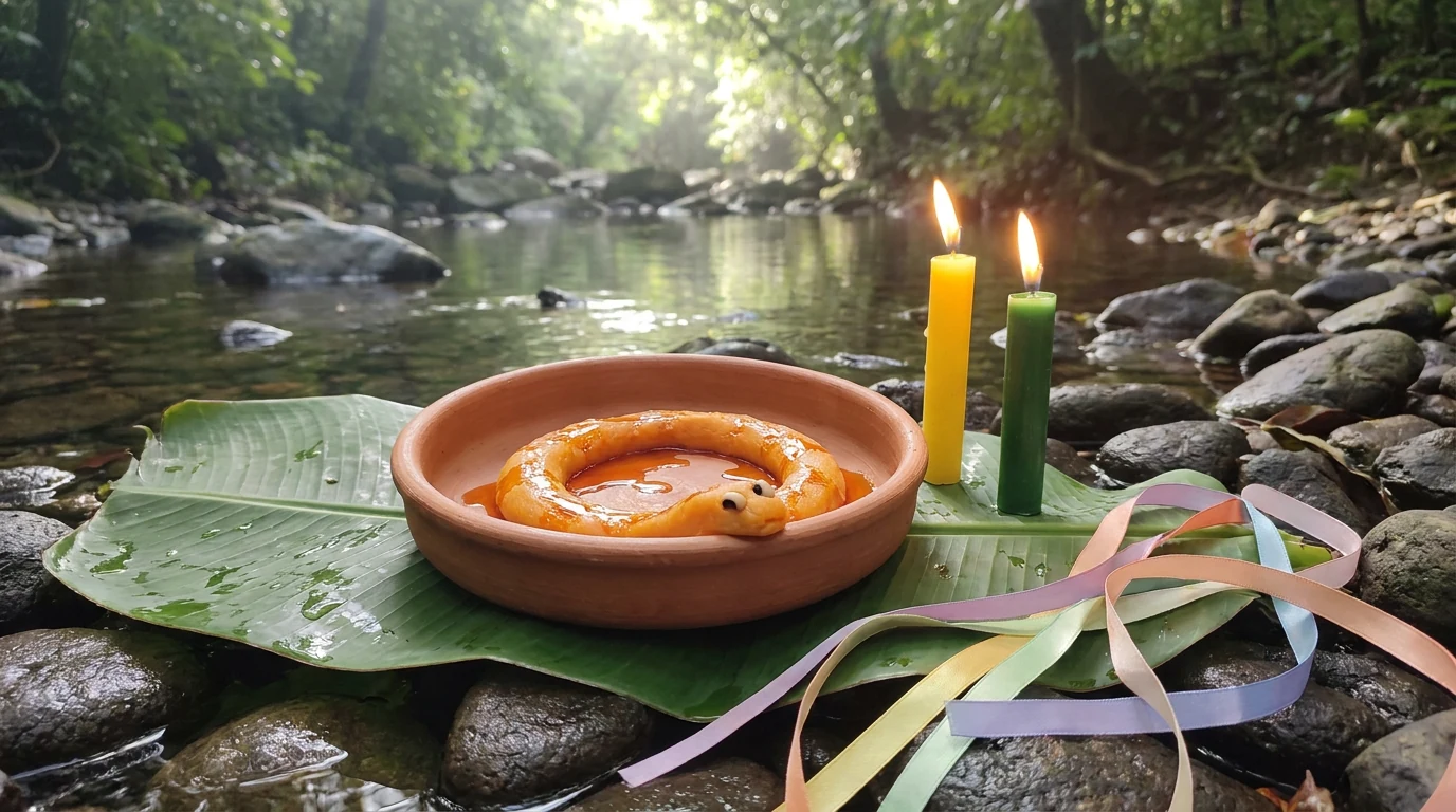Alguidar de barro sobre folha de bananeira com batata-doce amassada moldada em serpente em anel e regada com dendê, ao lado de uma vela amarela e uma vela verde acesas e de fitas coloridas, nas pedras de um riacho.