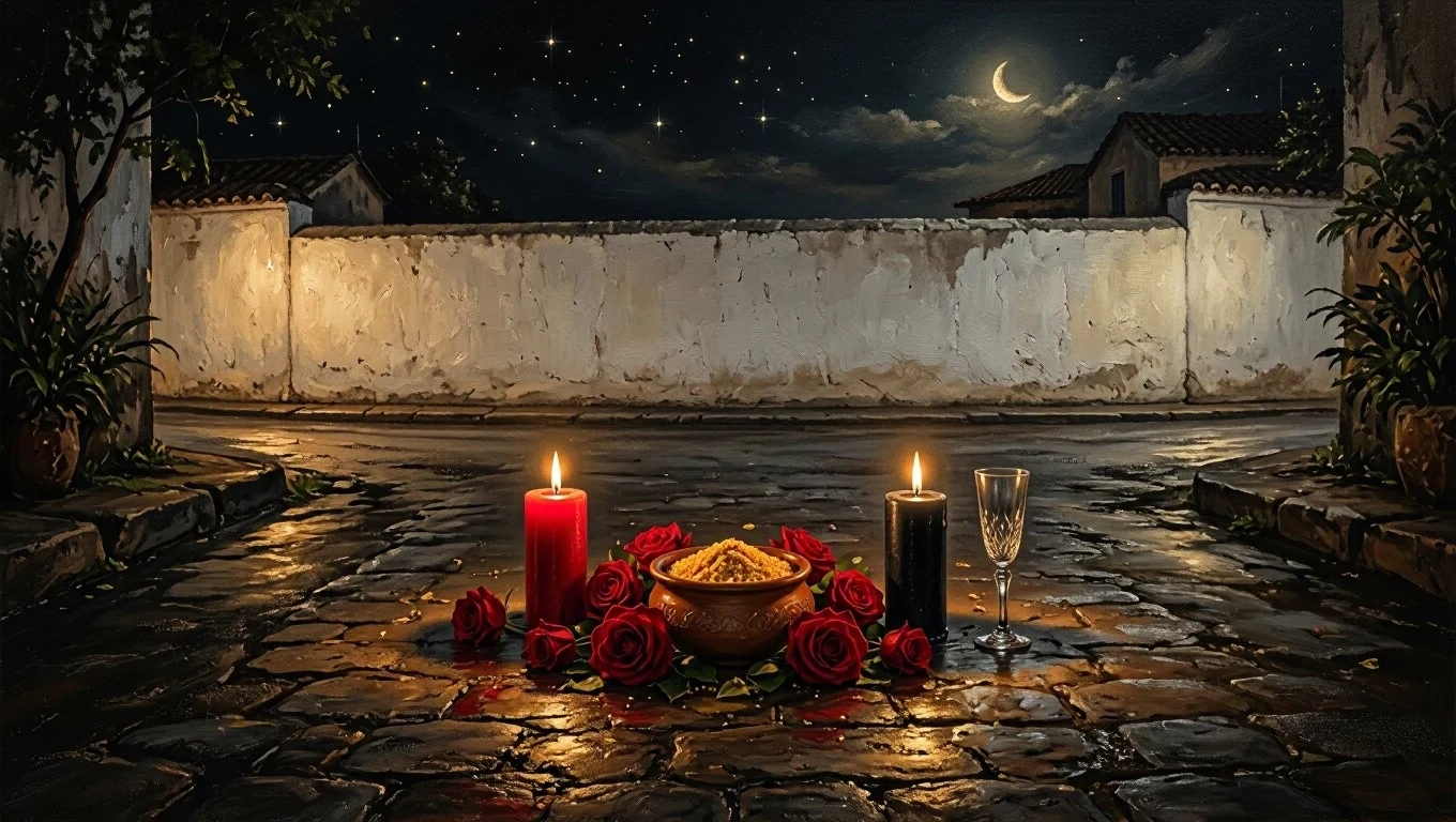 Painting of a T-shaped crossroads at night, with the street ending at a whitewashed wall, and at the intersection an alguidar with farofa, open red roses, a champagne glass, and lit red and black candles