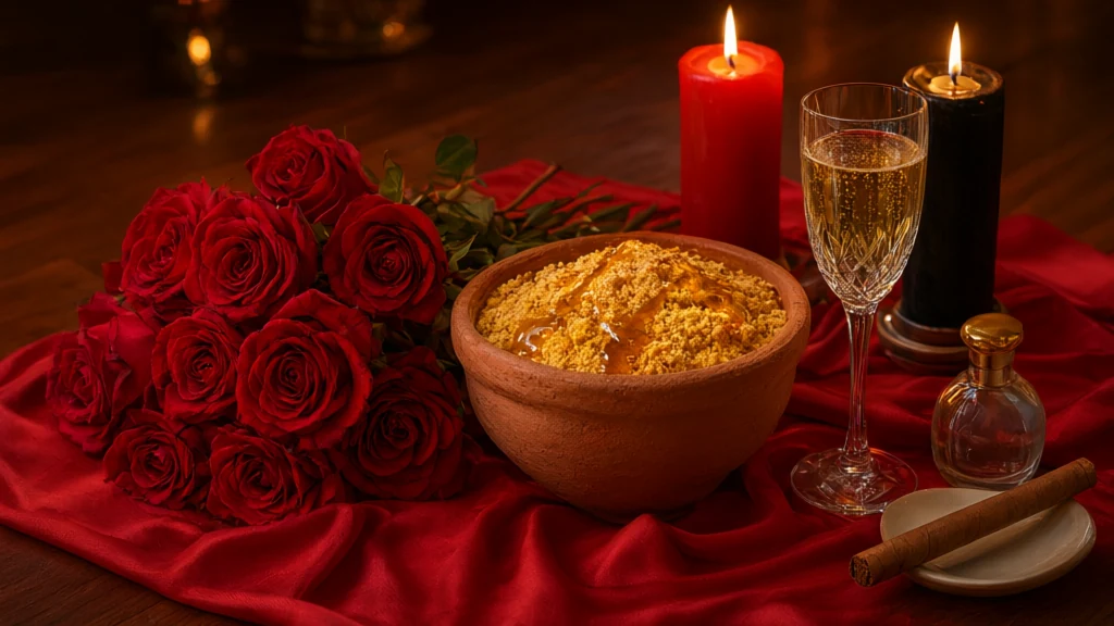 Clay alguidar with golden farofa drizzled with honey next to open red roses, a champagne glass, a perfume bottle, a cigar on a saucer and red and black candles lit on red satin cloth.