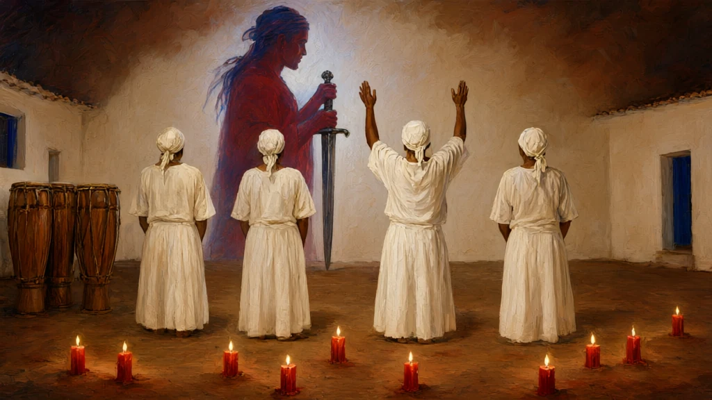 Pintura sacra de uma gira de umbanda: médiuns de branco de costas, atabaques e, na parede, um guerreiro de perfil com a espada fincada no chão.