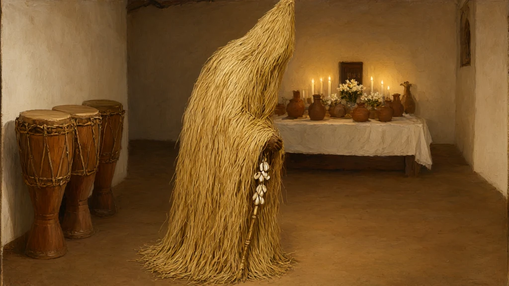 Pintura sacra de Omolu coberto de palha da cabeça aos pés, de perfil e curvado, diante do congá de um terreiro caiado.