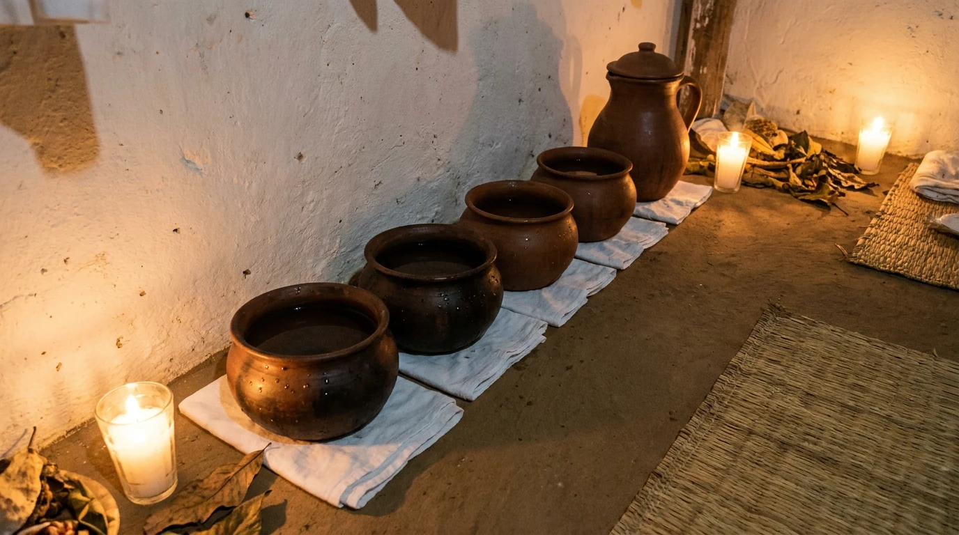 Fila de quartinhas de barro recém-cheias de água nova, sobre panos brancos ao pé de uma parede caiada de terreiro, à luz de vela.