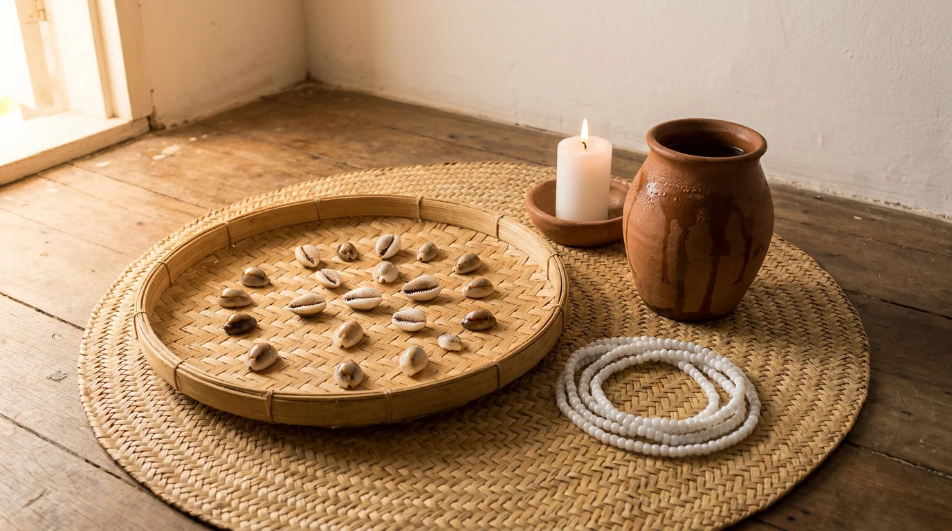 Esteira de palha com dezesseis búzios espalhados, fio de contas branco, vela branca acesa e quartinha de barro com água nova, na luz da manhã de 1º de janeiro.
