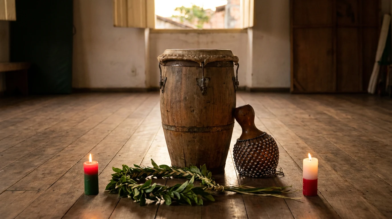Tambor de batuque ao lado de um agê, com folhas verdes no chão e duas velas acesas, uma verde e vermelha e outra vermelha e branca.