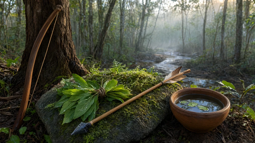 Feixe de folhas verdes amarrado com cipó sobre uma pedra coberta de musgo, ao lado de uma tigela de barro com água e folhas e de um arco apoiado num tronco, numa clareira da mata ao amanhecer.