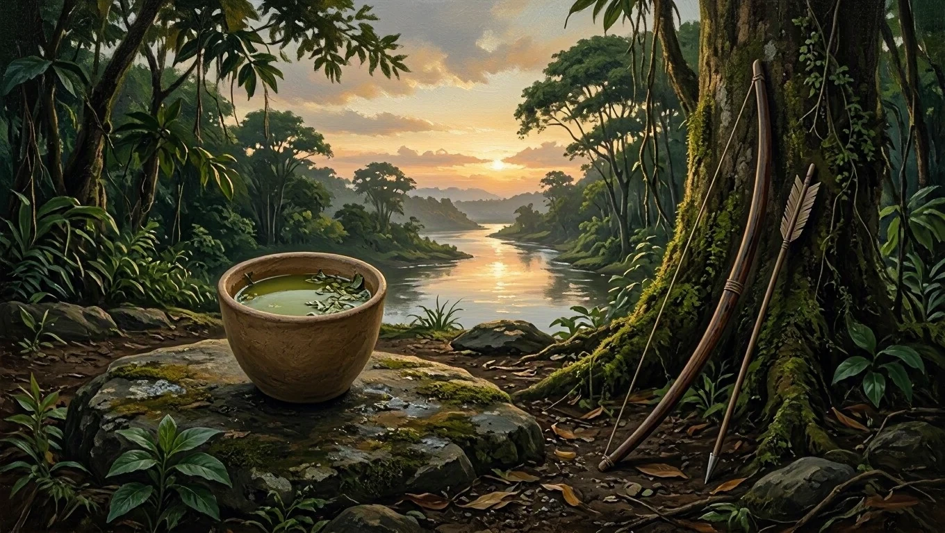 Pintura sacra de uma tigela de barro com folhas sobre uma pedra à beira do rio ao pôr do sol, com arco e flecha encostados numa árvore