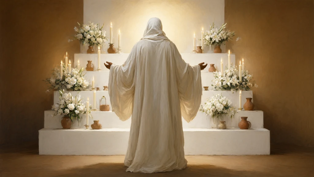 Pintura sacra de figura de vestes brancas, de costas e braços abertos, diante de um congá caiado com velas brancas.