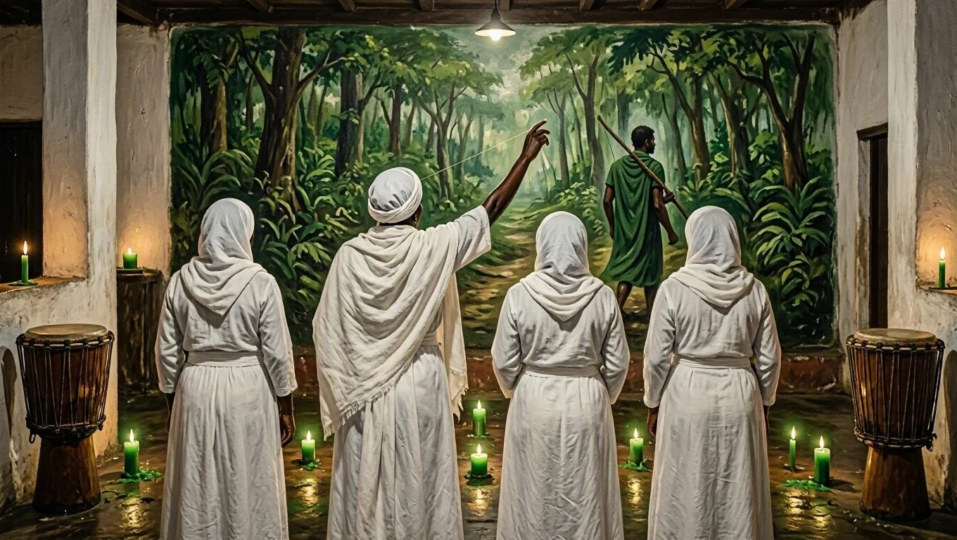 Pintura de médiuns de branco vistos de costas num terreiro caiado diante de um mural de mata com um caçador de verde entre as árvores.
