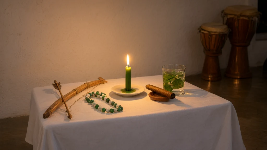 Congá de terreiro caiado com toalha branca, pequeno arco de madeira com flecha, fio de contas verde e branco, vela verde acesa num pires e copo com folhas, atabaques ao fundo.