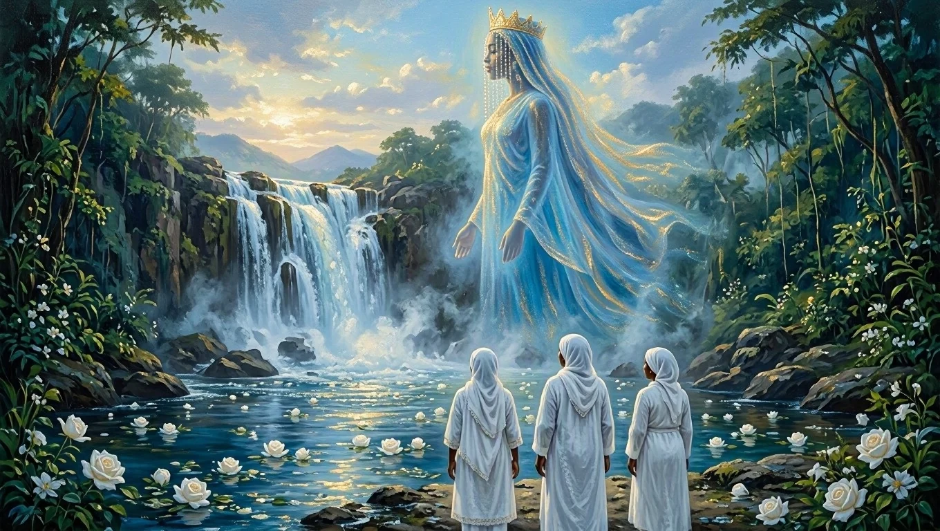 Sacred painting of a waterfall with white roses in the water, a blue and gold figure in profile, and three mediums in white from behind.