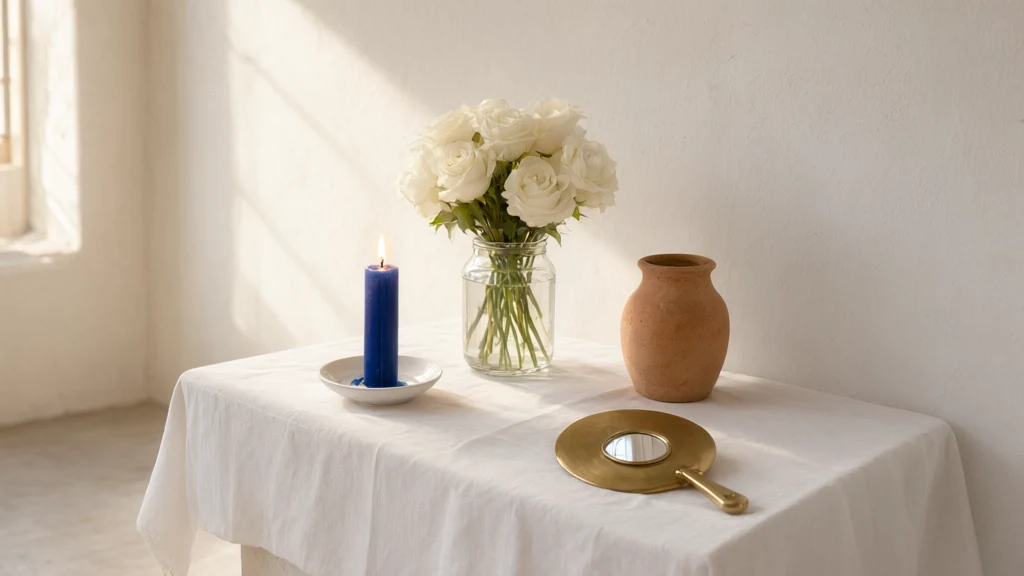 Whitewashed congá with a white towel, a lit blue candle on a saucer, a jar of white roses, a standing clay quartinha, and a golden brass abebé with a mirror, lying on the towel.