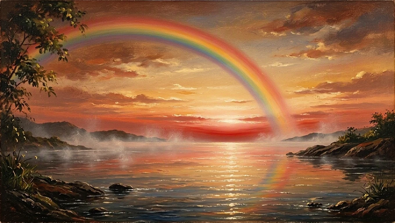 Pintura sacra de um arco-íris que desce e some atrás do horizonte sobre um rio enevoado ao entardecer