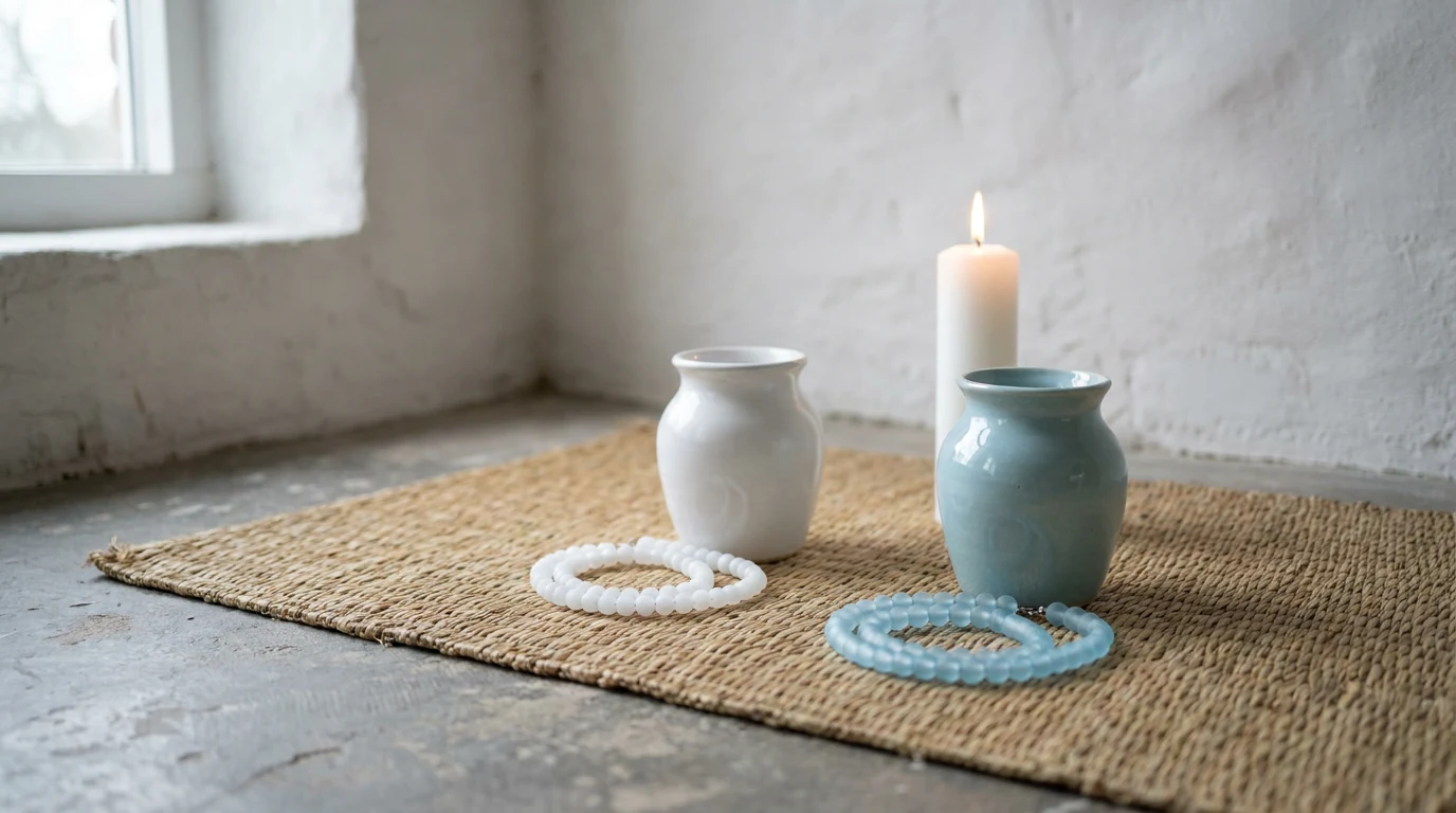 Dois potes de louça em pé sobre uma esteira de palha, um branco e um azul-claro, cada um com um fio de contas da mesma cor ao lado, diante de uma parede caiada com vela branca acesa.