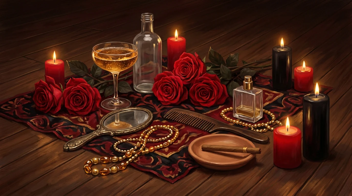Pintura de oferenda para Pombagira sobre pano vermelho e preto: rosas vermelhas abertas, taça de espumante, espelho, pente, colares dourados, perfume, cigarrilha num pratinho de barro e velas vermelhas e pretas acesas.