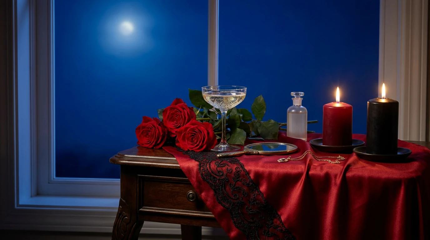 Mesa escura à noite com rosas vermelhas abertas, taça de espumante, espelho de mão, frasco de perfume e velas vermelha e preta acesas diante de uma janela.